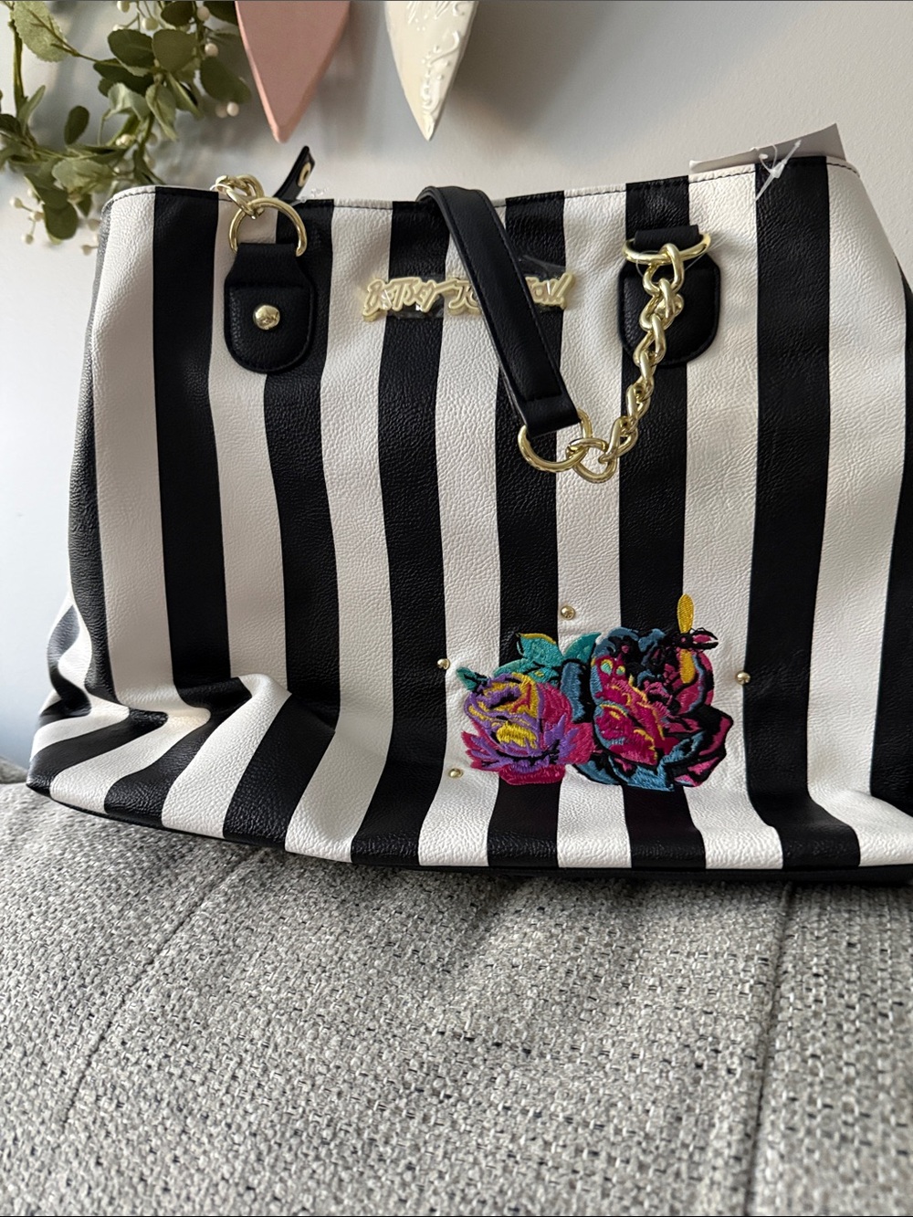 🌻NEW🌻Betsey Johnson Black & White Striped Tote with Colorful Floral Embroidery